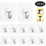 Pack of 12 - Adhesive Wall Hooks, Heavy Duty Coat Hooks Waterproof and Oilproof Seamless Hooks for Bathroom Kitchen