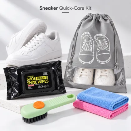 Pack of 4 — Sneaker Cleaning Kit with 80 Shoe Wipes, Soft Brush, 2 Cleaning Cloths & Storage Bag