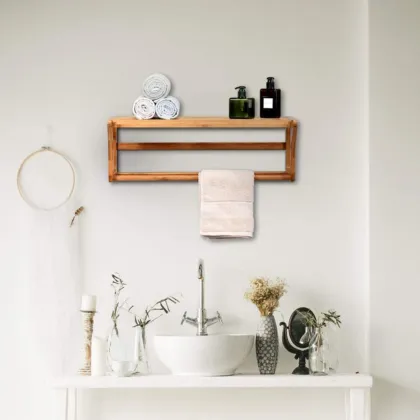 Wall Mounted Wooden Towel Hanger Holder Rack with Shelf